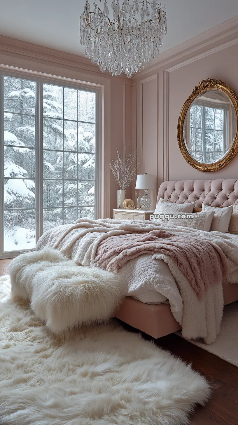 Cozy bedroom with a pink tufted bed, fluffy blankets, a fur rug, a large window showing snowy trees, a chandelier, and a round mirror.