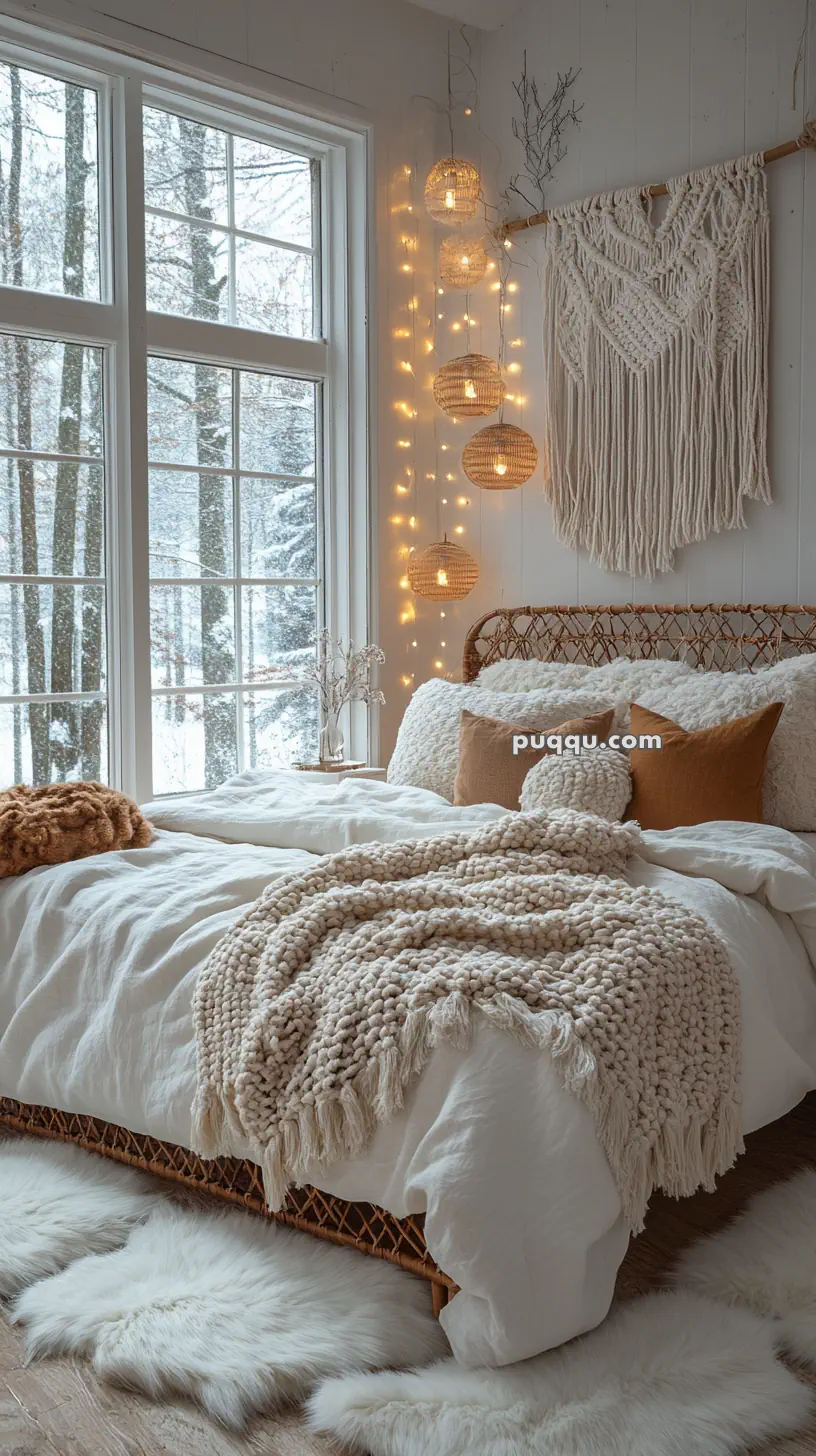 Cozy bedroom with a large window showing a snowy landscape, decorated with macramé wall hanging, fairy lights, wicker pendant lights, and a plush bed with knitted throw blankets.