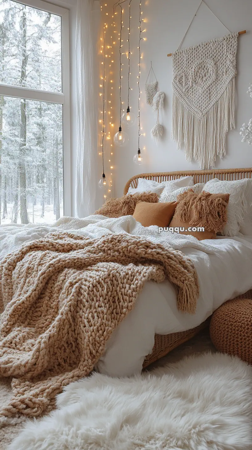 Cozy bedroom with a large window showing a snowy landscape, featuring a bed with white and brown pillows, textured blankets, a macramé wall hanging, and string lights.