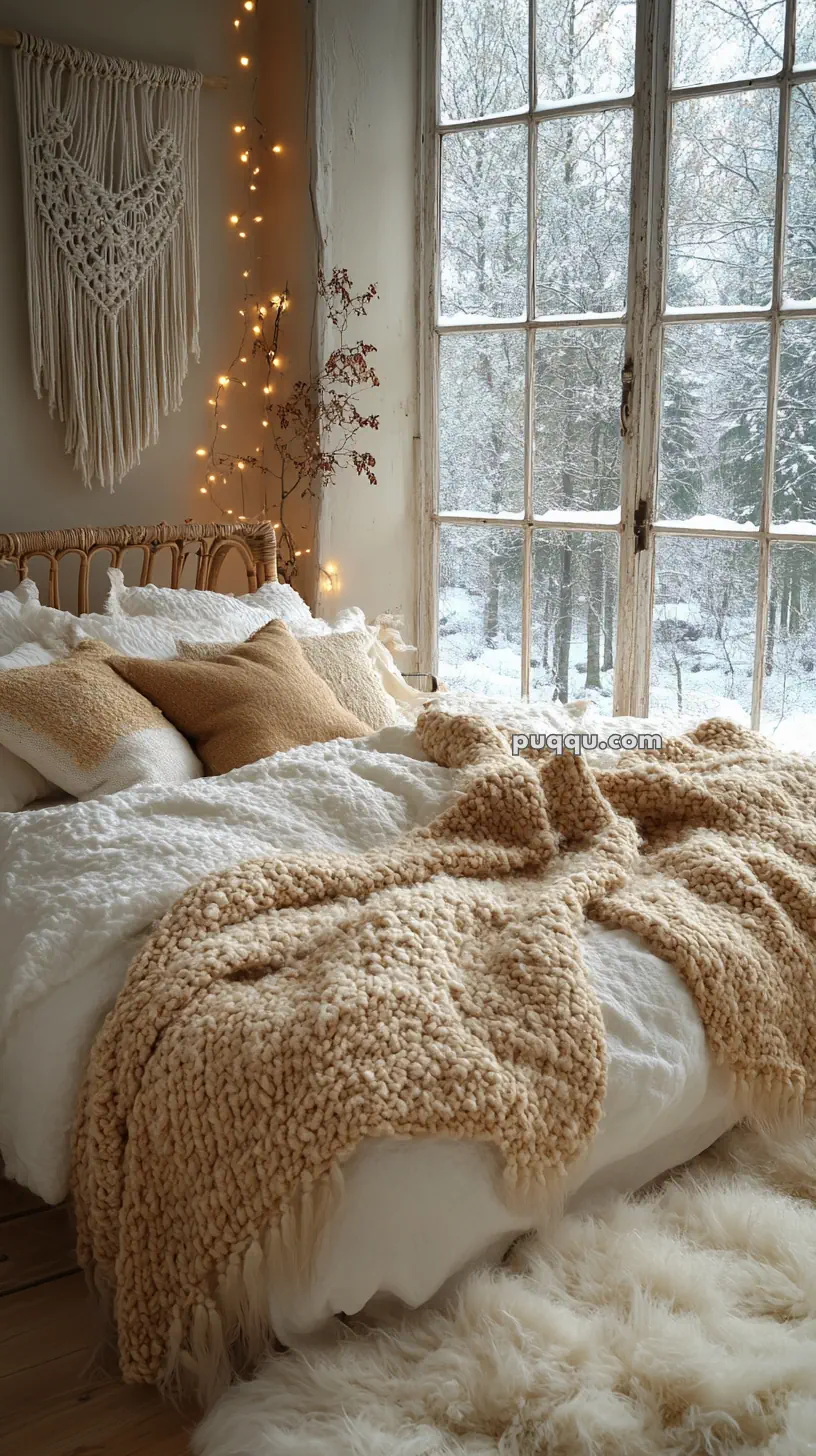 Cozy bedroom with a plush knitted blanket, pillows, and wall tapestry, overlooking a snowy winter landscape through large windows.