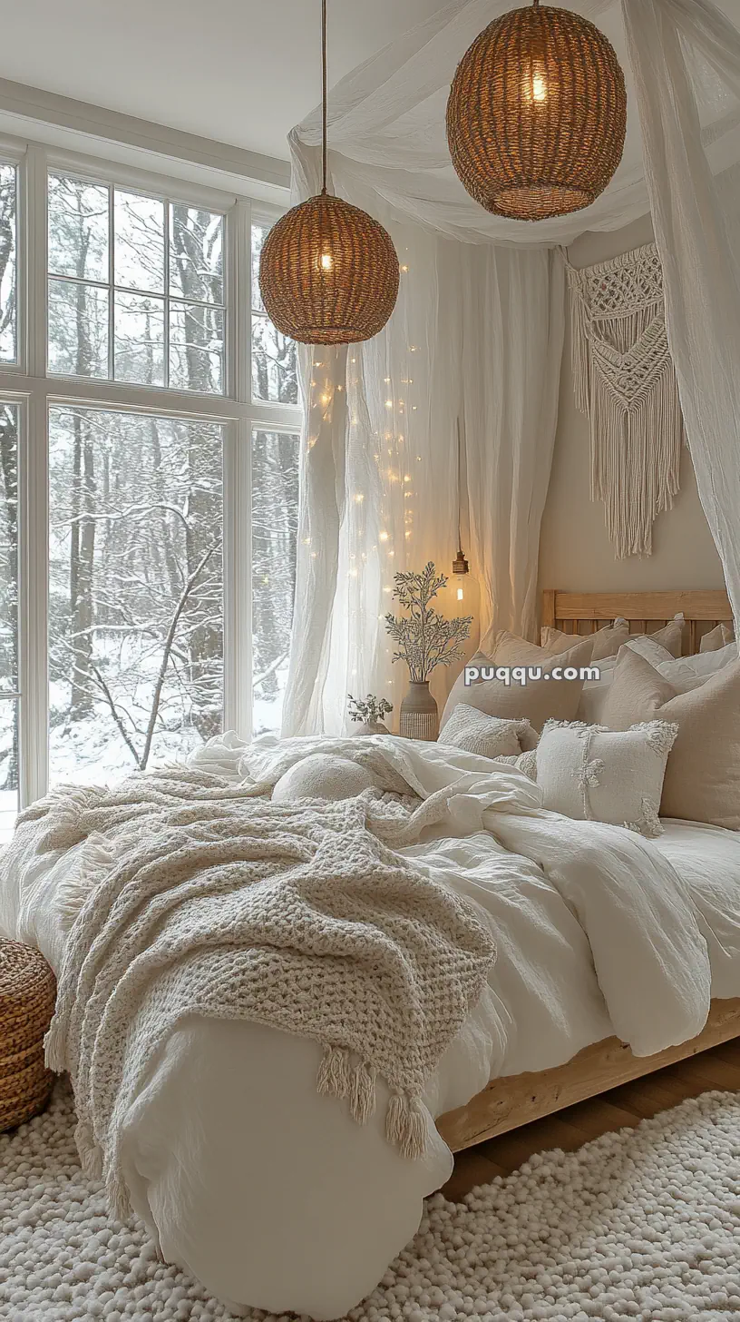 Cozy bedroom with a large bed, cream-colored bedding, two woven pendant lights, and a large window overlooking a snowy forest.