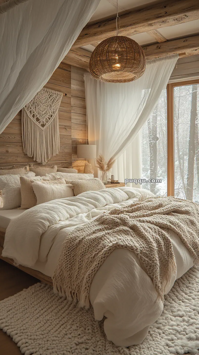 Cozy bedroom with wooden walls, rustic ceiling beams, a canopy bed covered in white linens and knitted blankets, a large window with snowy forest view, and a woven pendant light.