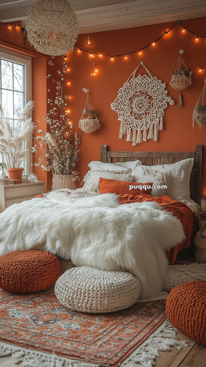 Cozy bedroom with an orange accent wall, featuring string lights, macramé wall hangings, a furry white bedspread, and round knitted cushions on an oriental rug.