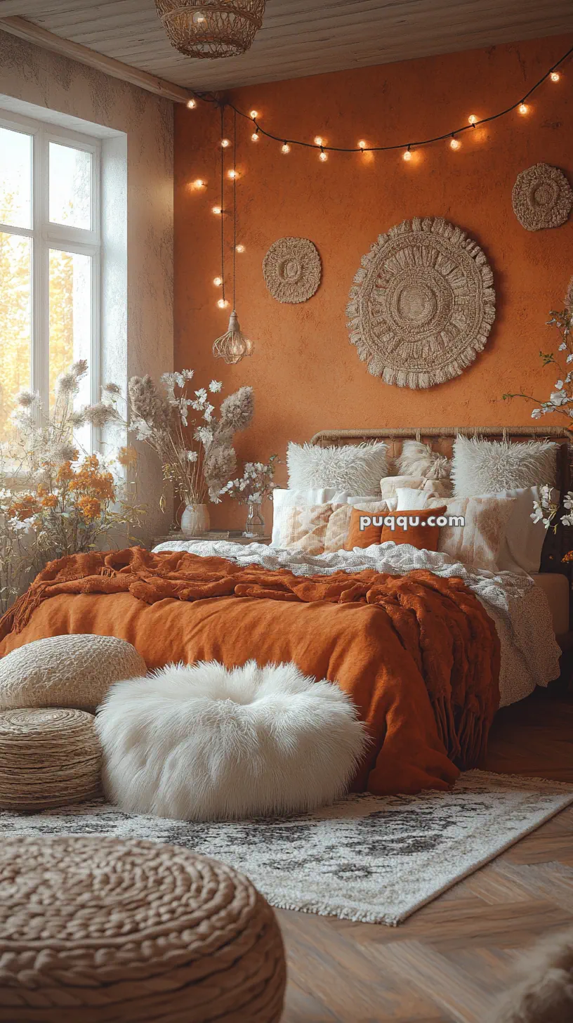 Cozy bedroom with orange and beige decor, featuring string lights, woven wall hangings, a fluffy bedspread, and textured cushions.