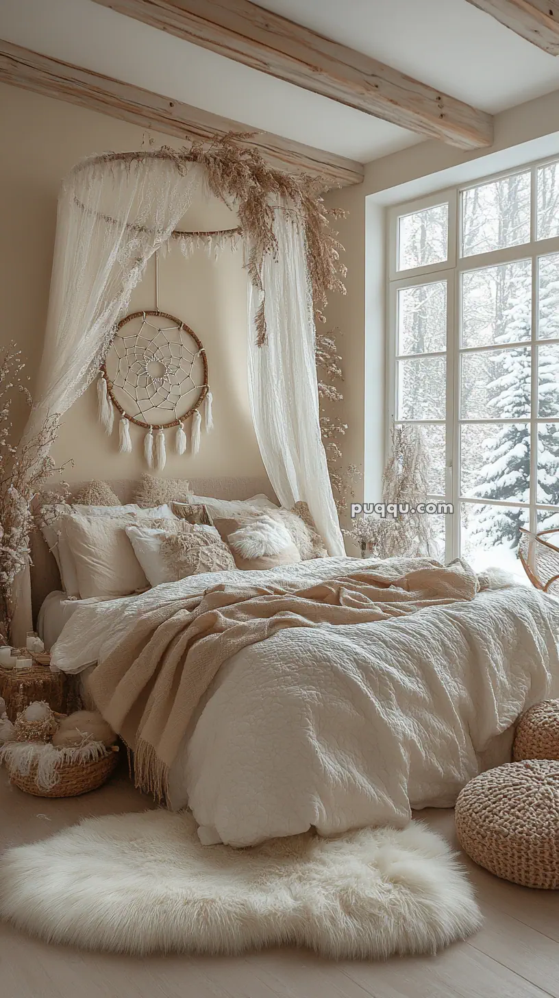 Bohemian-style bedroom with a canopy bed, dream catcher, and plush bedding, overlooking a snowy winter landscape through a large window.