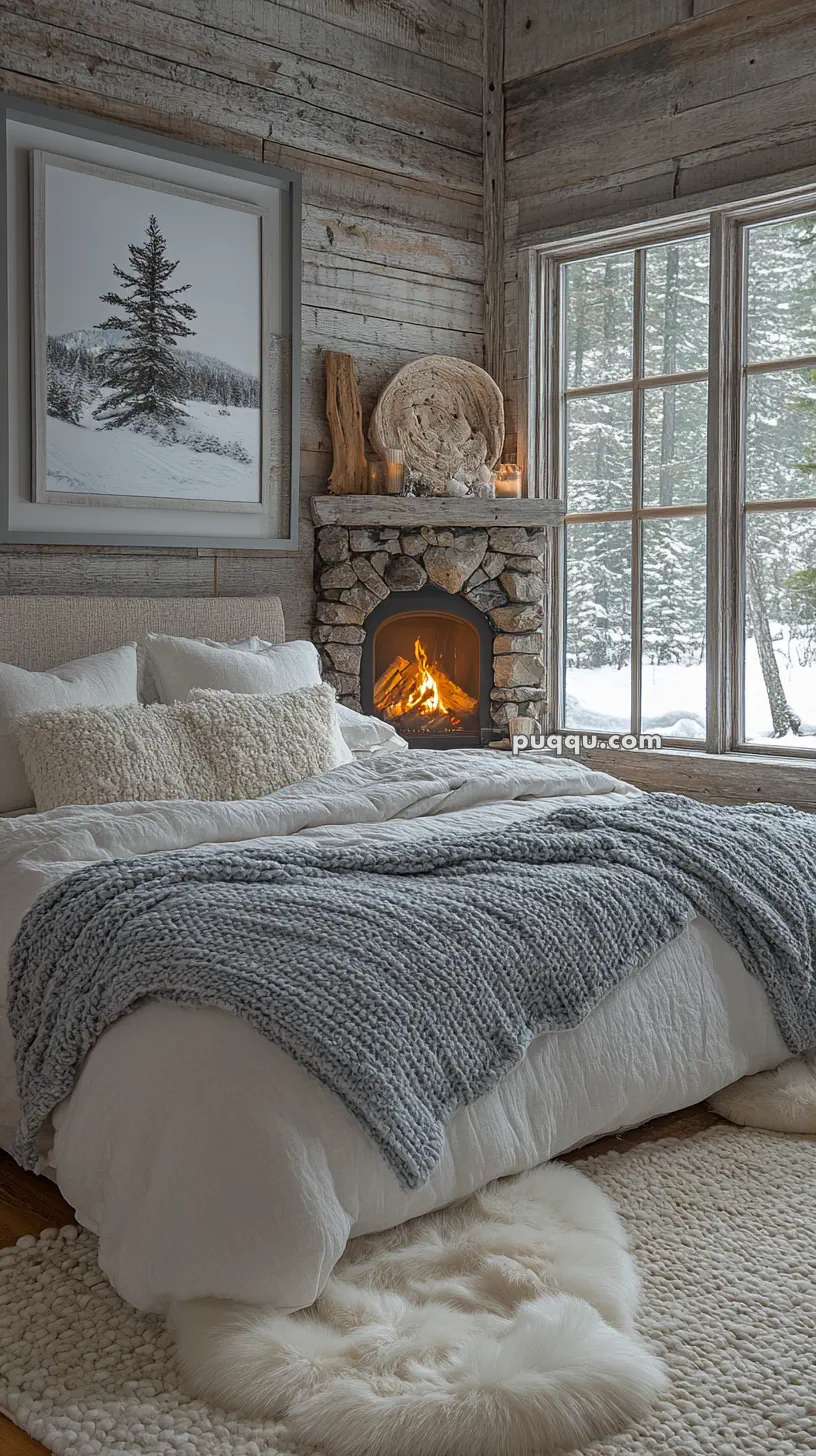 Cozy bedroom with a rustic stone fireplace, snowy landscape artwork, and a large window displaying a winter scene.