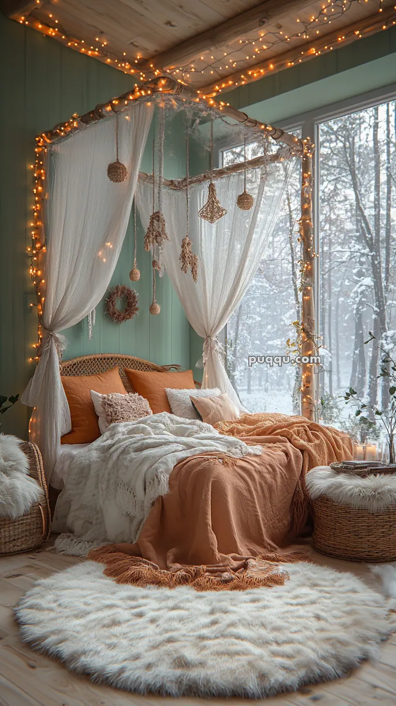 Cozy bedroom with a canopy bed, decorated with warm lighting and soft textiles, overlooking a snowy scene outside the window.