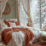 Cozy bedroom with a canopy bed, string lights, and warm blankets, overlooking a snowy forest through large windows.