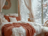 Cozy bedroom with a canopy bed, string lights, and warm blankets, overlooking a snowy forest through large windows.