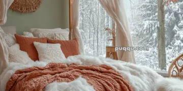 Cozy bedroom with a canopy bed, string lights, and warm blankets, overlooking a snowy forest through large windows.