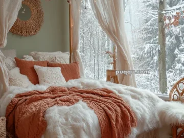 Cozy bedroom with a canopy bed, string lights, and warm blankets, overlooking a snowy forest through large windows.