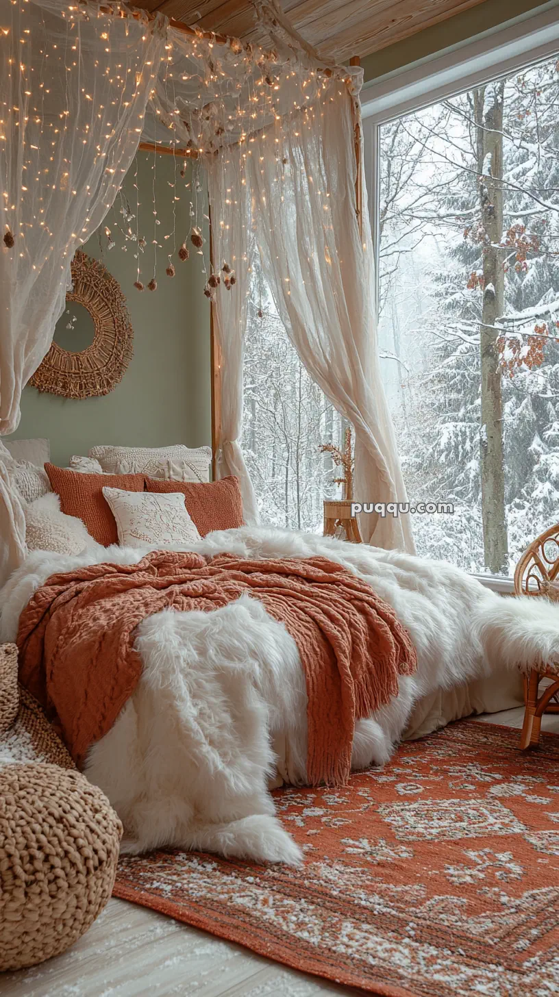 Cozy bedroom with a canopy bed, string lights, and warm blankets, overlooking a snowy forest through large windows.