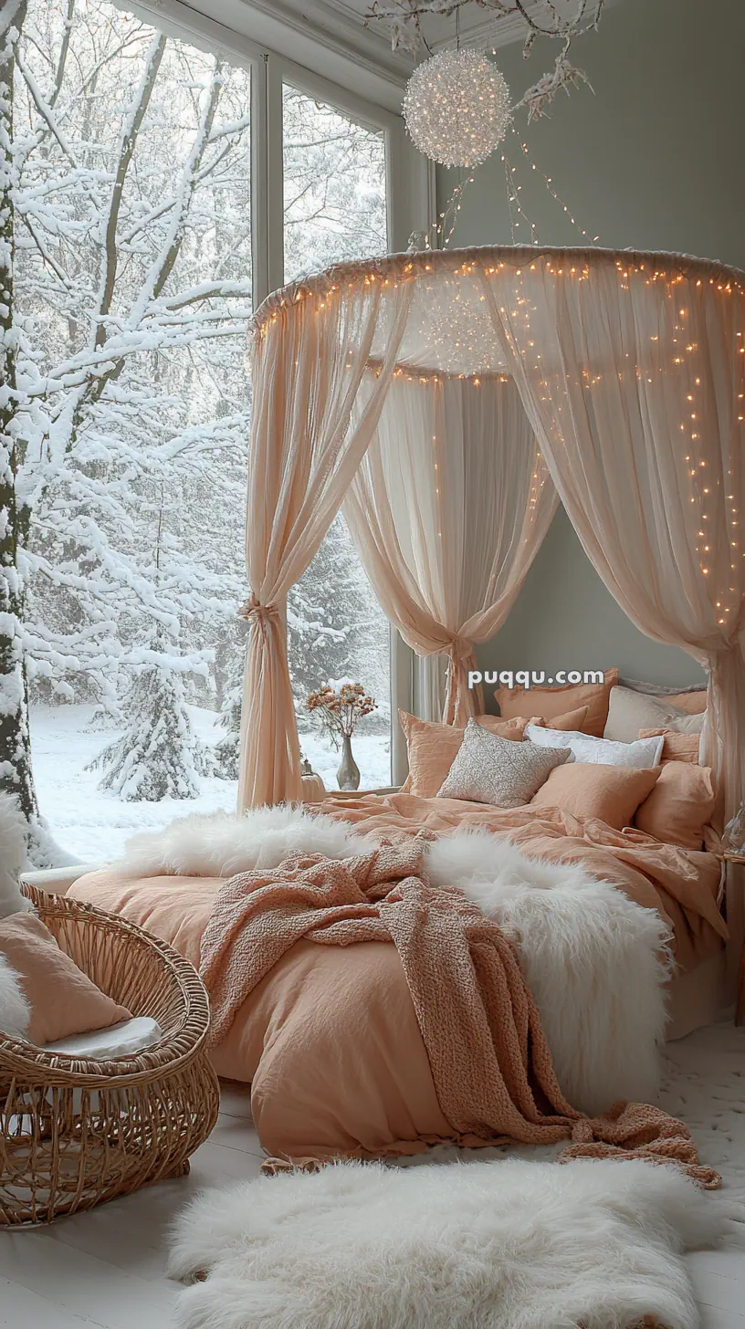 Cozy bedroom with peach bedding, sheer drapes, fairy lights, and snowy forest view through large windows.