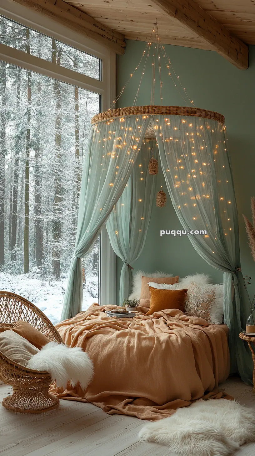 Cozy room with a bed draped in sheer fabric and string lights, wicker furniture, and large windows overlooking a snowy forest.