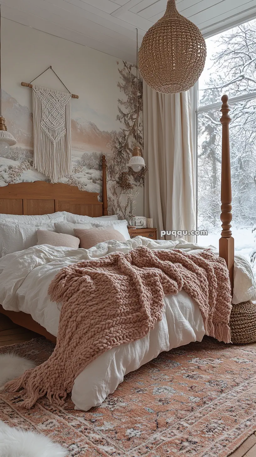 Cozy bedroom with wooden bed, snowy landscape wallpaper, woven pink blanket, and large window showing a winter scene.