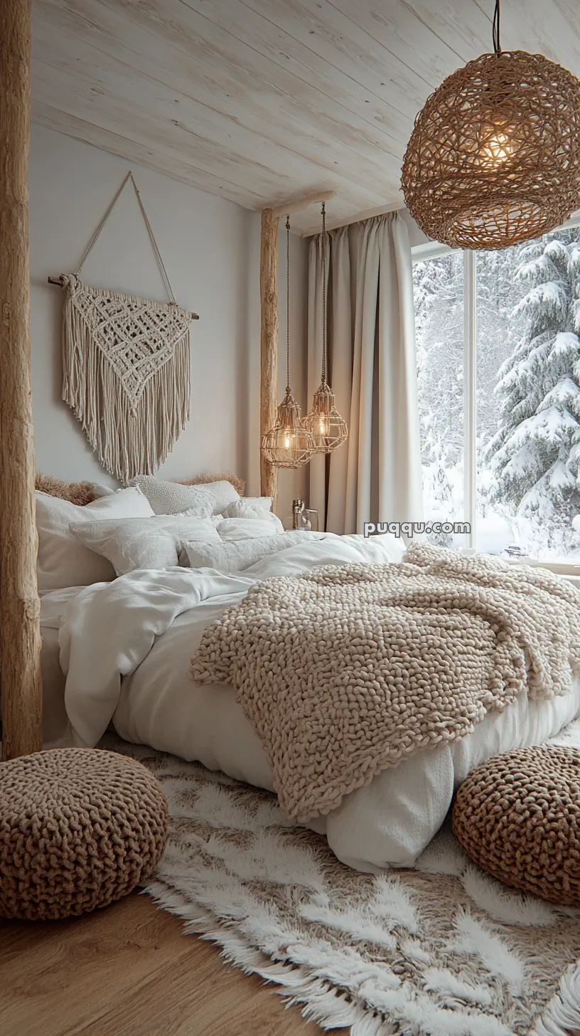 Cozy bedroom with a wooden ceiling, macrame wall hanging, knitted blankets, and a large window with a snowy view.