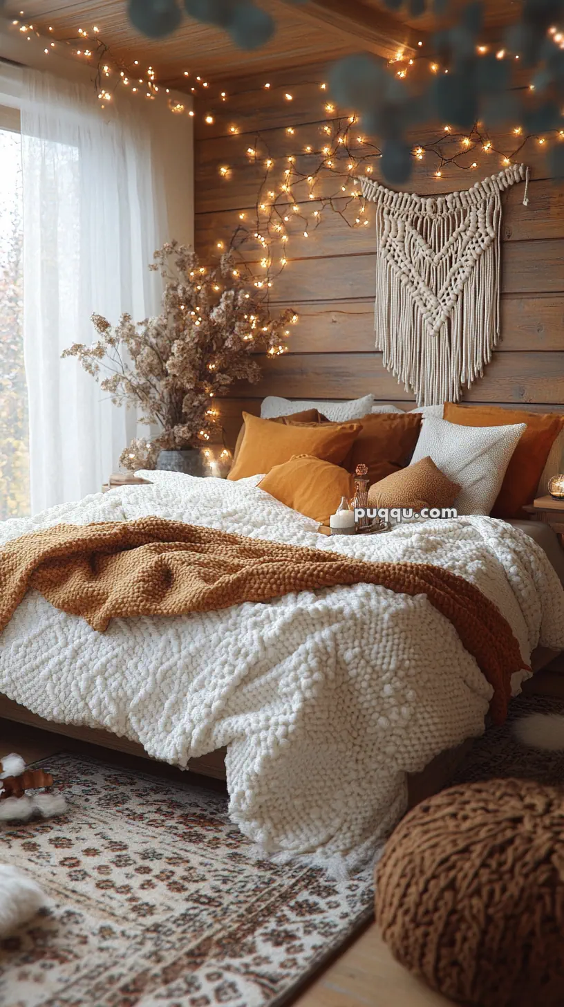 Cozy bedroom with fairy lights, macrame wall hanging, white knit bedding, and orange accent pillows.