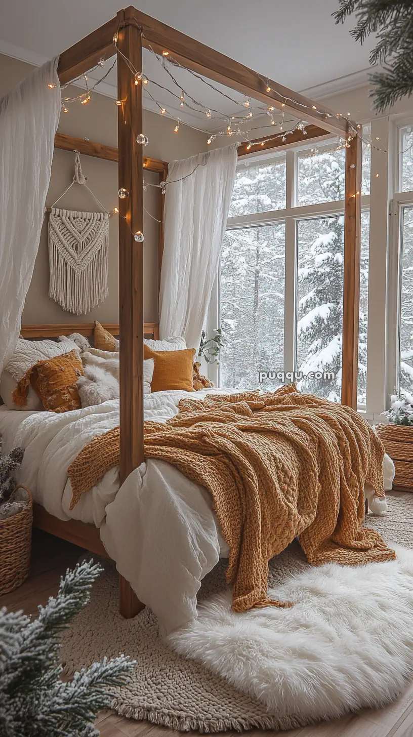 Cozy bedroom with a wooden canopy bed, draped in white curtains and adorned with string lights, featuring warm-toned bedding and pillows. Snowy outdoor scenery visible through large windows.