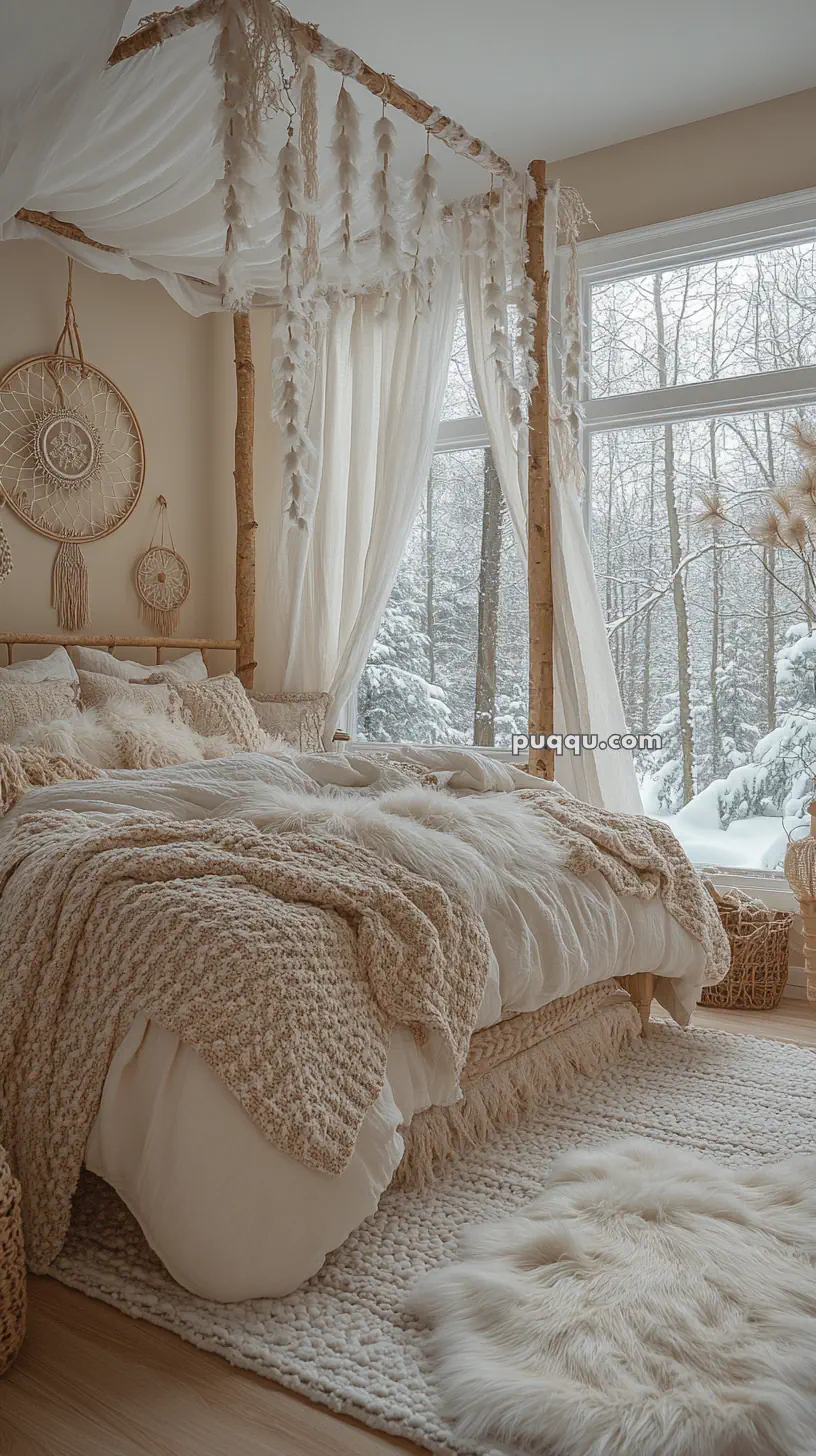 Cozy bedroom with a canopy bed adorned with white drapes and feathers, beige bedding, dreamcatchers on the wall, and a snowy forest view through a large window.