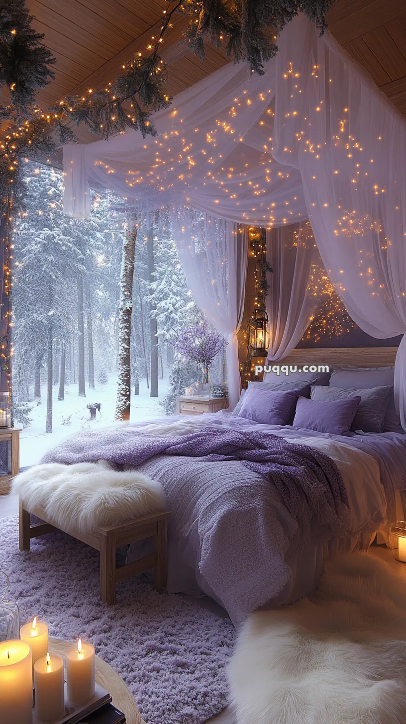 Cozy bedroom with a canopy bed adorned with string lights, overlooking a snowy forest through large windows, decorated with candles and soft fur textures.