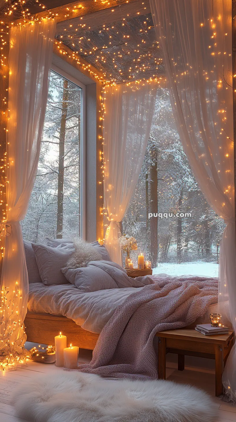 Cozy bedroom with a large window showing a snowy forest, sheer curtains with string lights, a bed with plush pillows and blankets, candles on a wooden side table, and a fluffy white rug on the floor.