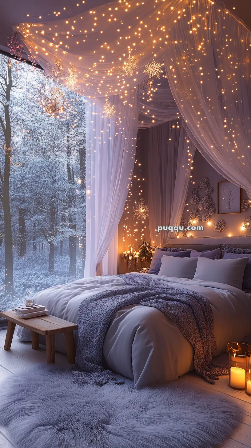 Cozy bedroom with a winter view, softly lit by fairy lights and candles, featuring a plush bed and textured decor.