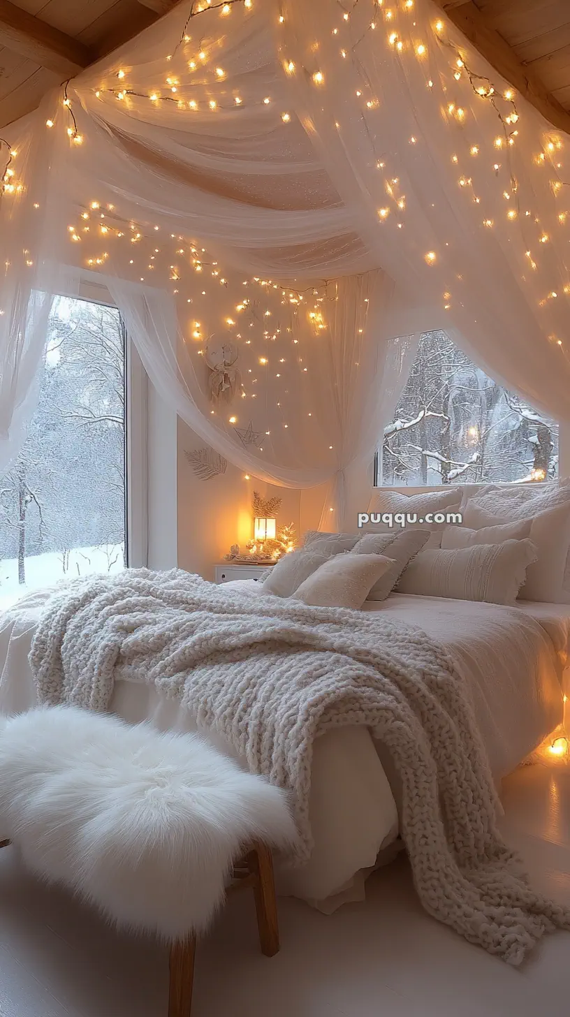 Cozy bedroom with a white, fluffy bed, string lights above, and a snowy winter scene outside the window.