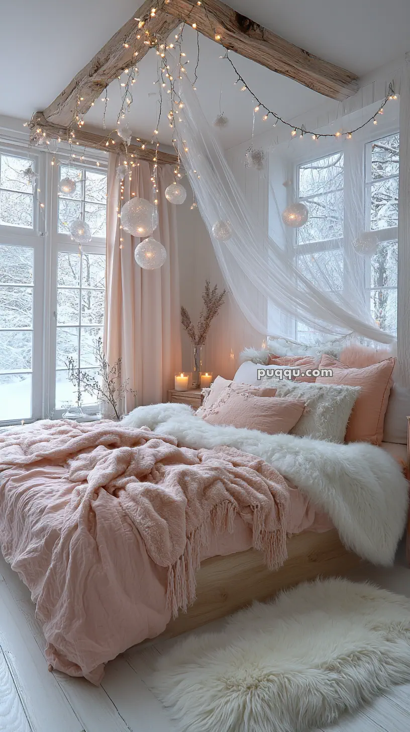 Cozy bedroom with pink and white bedding, wooden beam ceiling, hanging fairy lights, sheer canopy, and large windows revealing a snowy landscape outside.