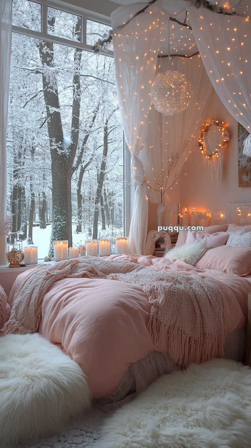 Cozy bedroom with pink bedding, fairy lights, fluffy rugs, and a snowy forest view through large windows.