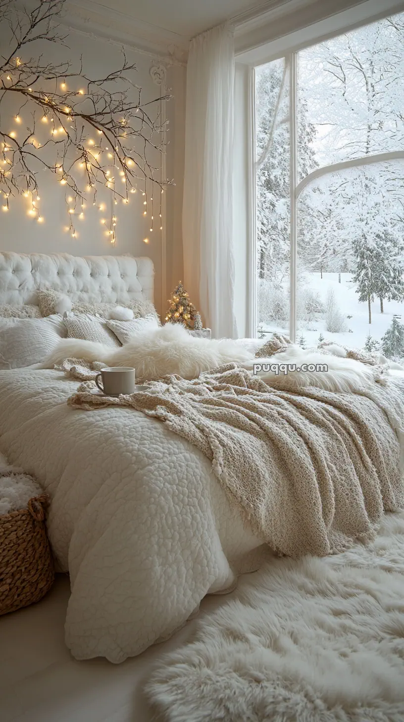 Cozy bedroom with a fluffy white bed, soft blankets, a cup on the bed, warm lighting from hanging string lights on a branch, and large windows showing a snowy landscape outside.