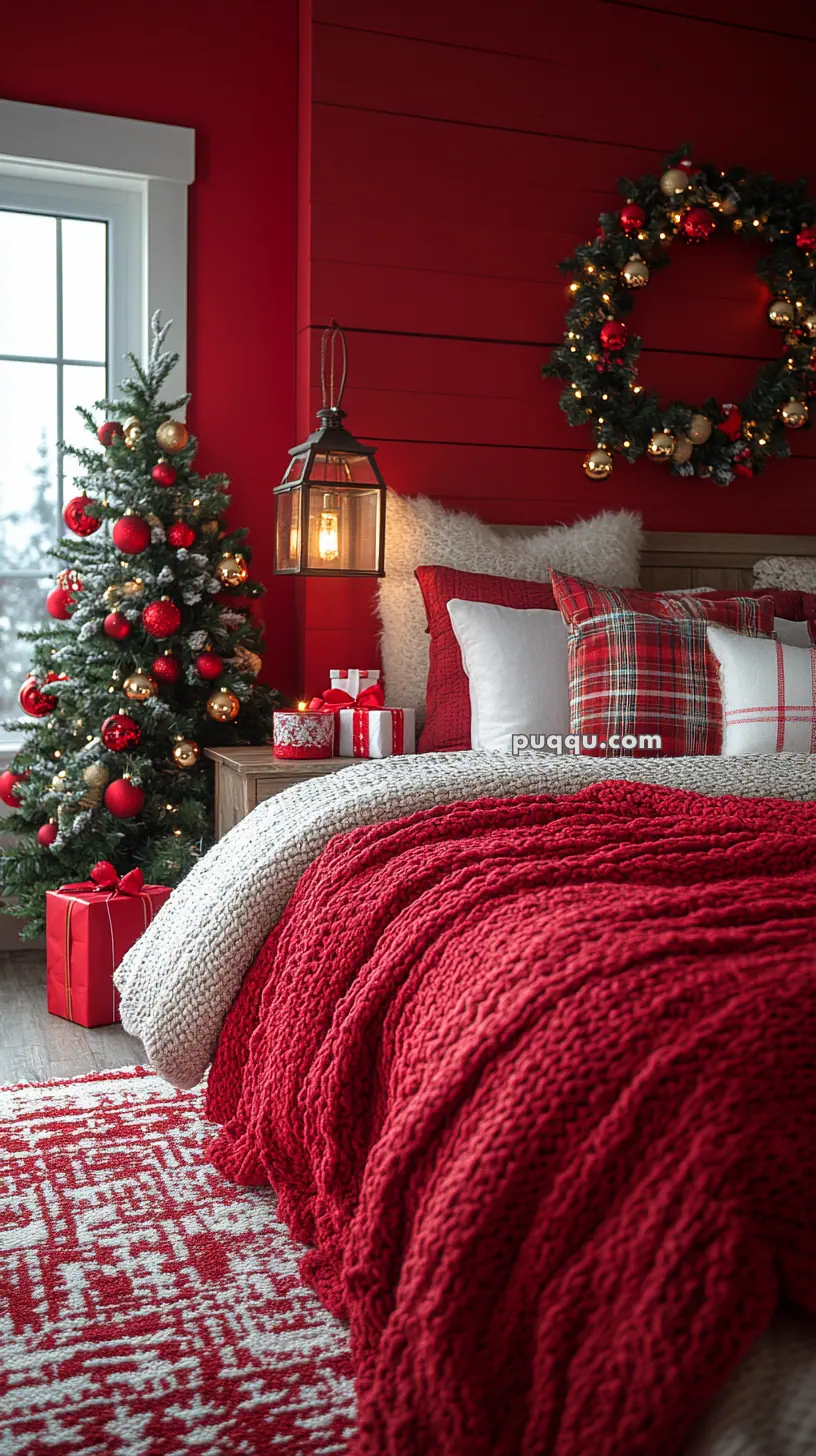 Cozy bedroom decorated for Christmas with red walls, plaid pillows, a knit blanket, a small Christmas tree, and a wreath.