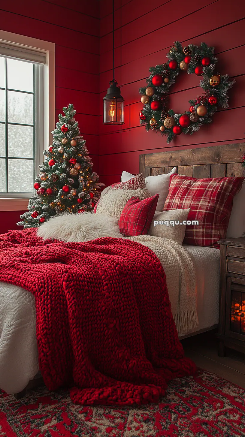 Cozy bedroom with red walls, decorated with a Christmas tree, wreath, and plaid pillows, featuring a rustic wooden bed and a red knit blanket.