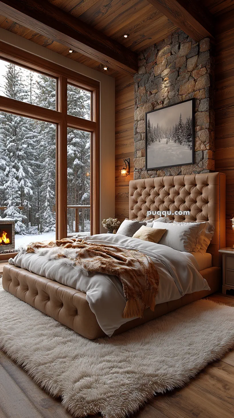 Cozy bedroom with a tufted headboard, fur rug, and large windows overlooking a snowy forest scene.