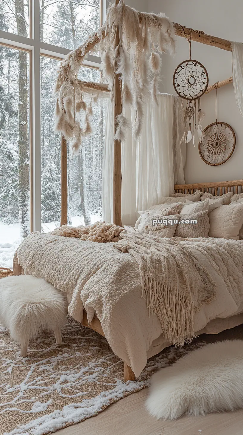 Cozy boho-style bedroom with a canopy bed adorned with feathers and dreamcatchers, featuring plush blankets and pillows, overlooking a snowy forest through large windows.