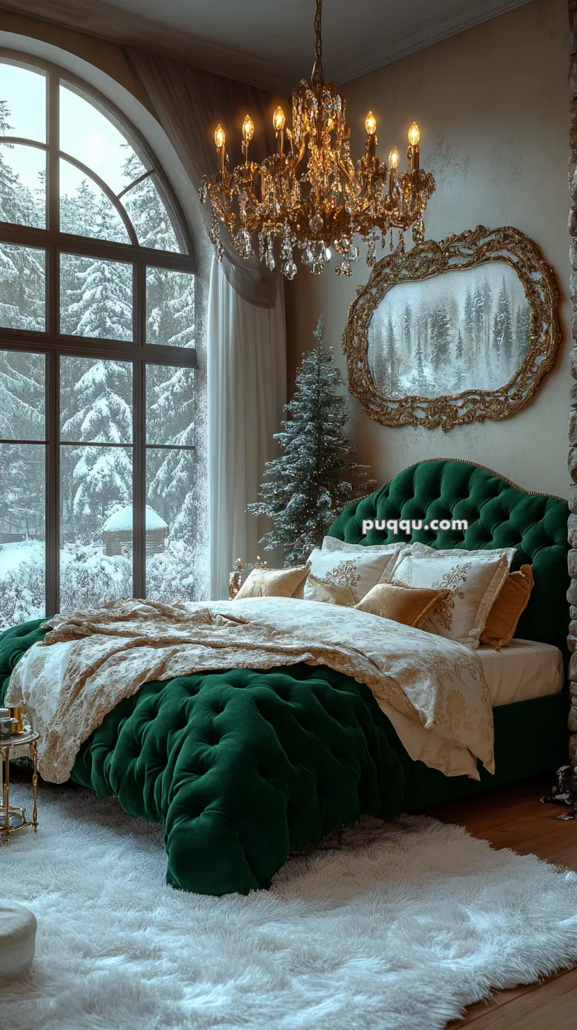 Elegant bedroom with a green velvet bed, gold chandelier, and large window overlooking a snowy landscape.