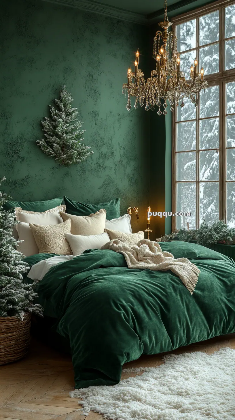 Cozy bedroom with green velvet bedding, Christmas decorations, a chandelier, and a snowy view outside the window.