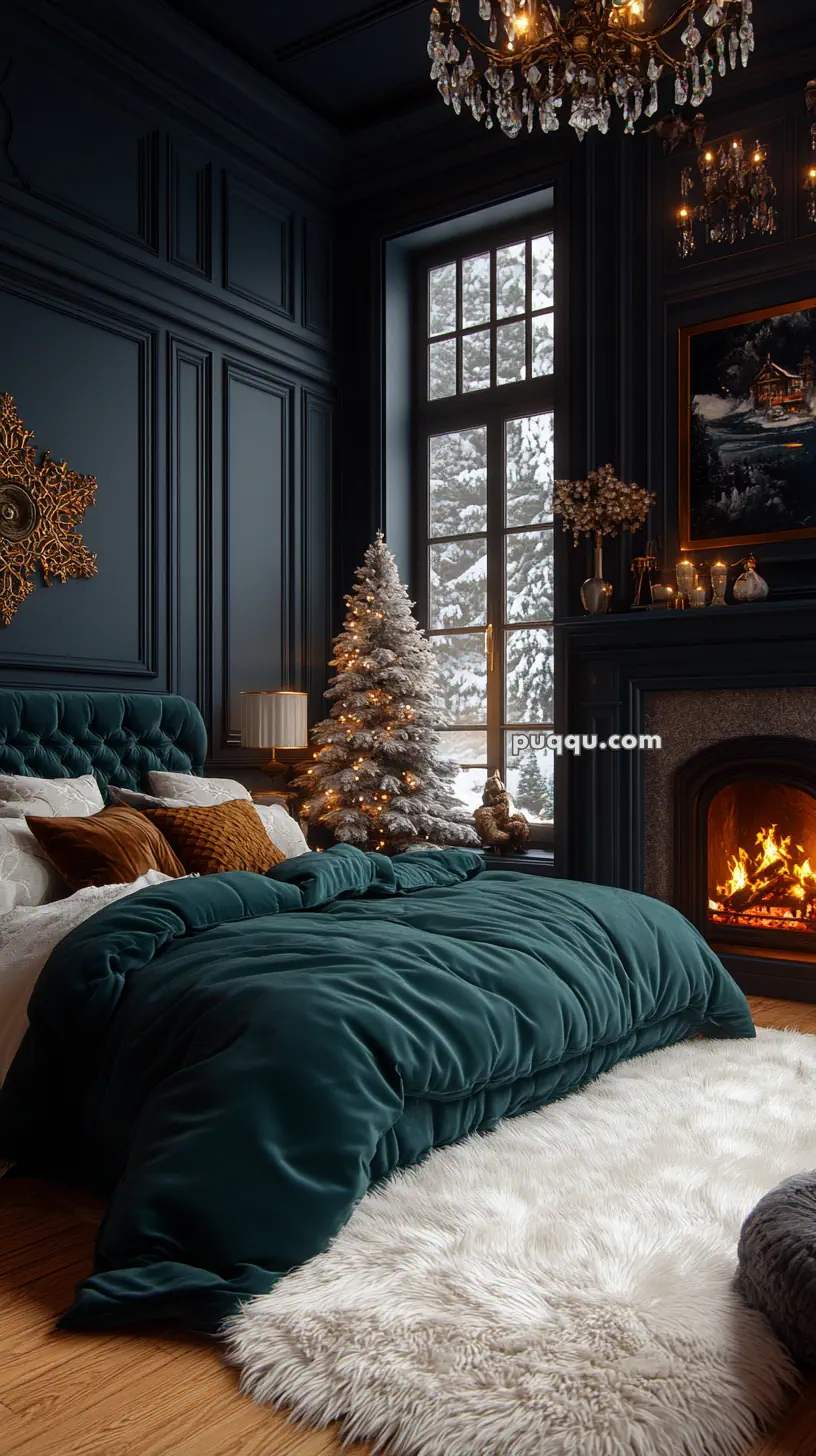 Cozy bedroom with dark walls, a tufted bed, warm bedding, a lit fireplace, a decorated Christmas tree, and a large window showing a snowy scene outside.