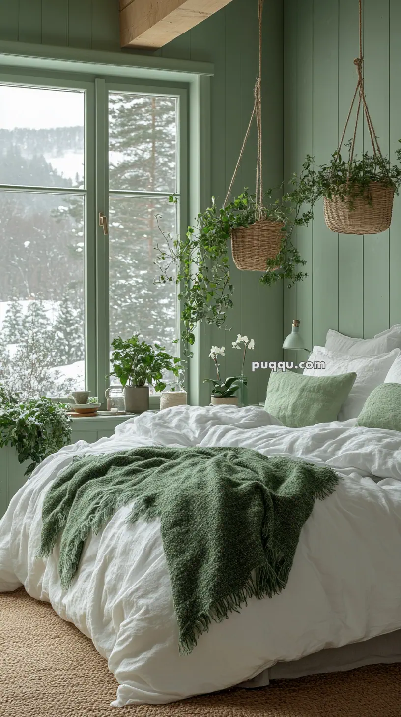 Cozy bedroom with a green color scheme, featuring a large window with a snowy view, plants, and a bed with white bedding and green throw.