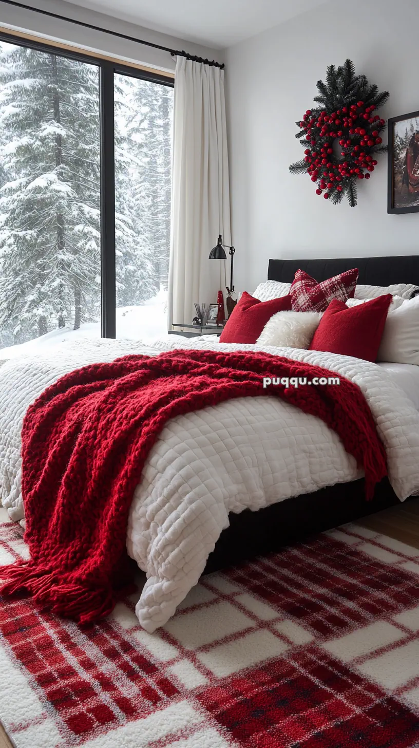 Cozy bedroom with a white comforter, red plaid and solid red pillows, a red knit throw blanket, a festive wreath on the wall, and a snowy forest view through large windows.