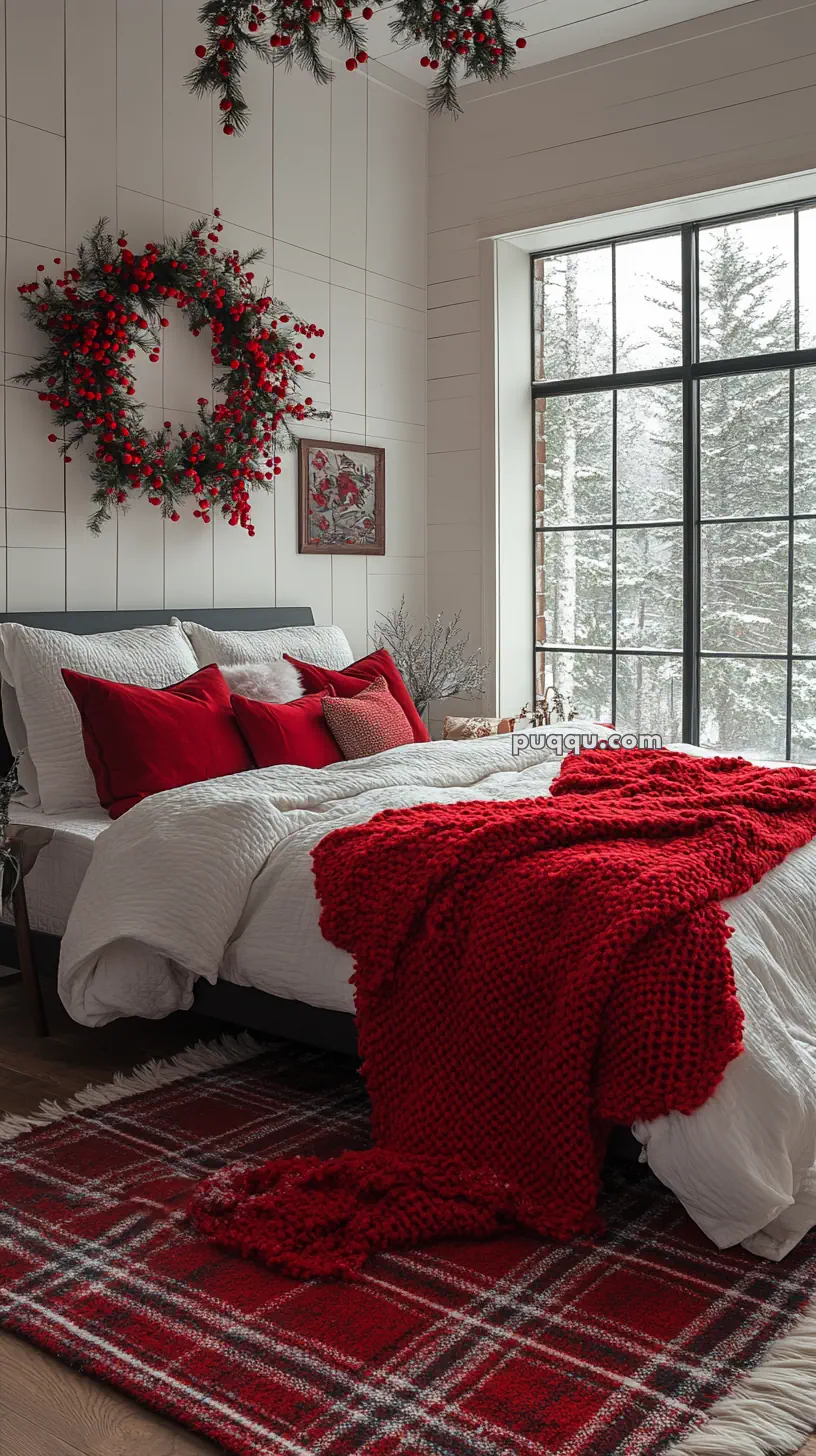 Bedroom decorated for Christmas with red and white bedding, a plaid rug, wreath, and a snowy window view.