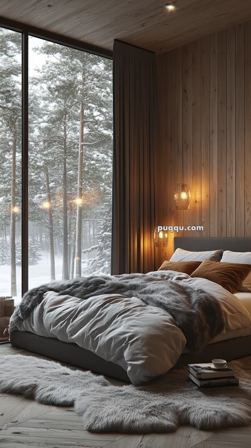 Cozy bedroom with a large bed adorned with soft, fluffy blankets and pillows, a wooden wall with warm lighting, and a large window showcasing a snowy forest scene.