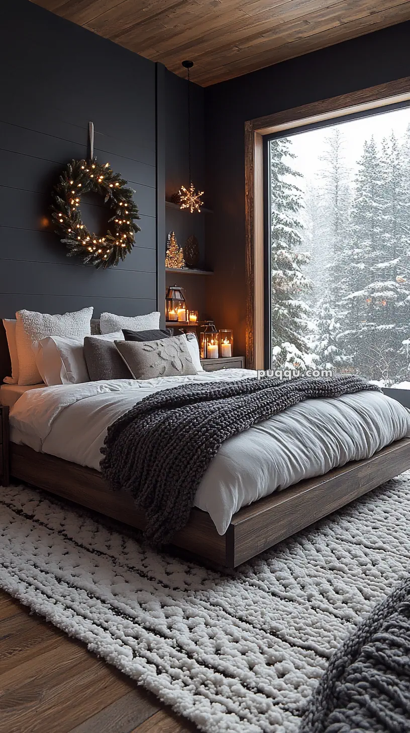 Cozy bedroom with a dark accent wall, a bed with white and gray bedding, a decorative wreath with lights, and a large window showing a snowy landscape.