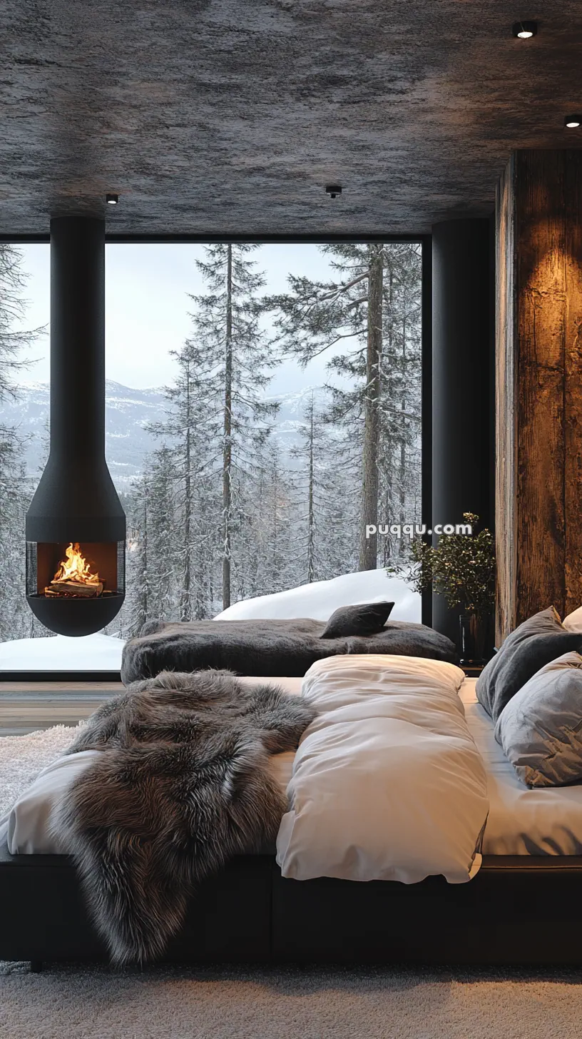 Cozy bedroom with a modern fireplace, fur throw on the bed, and large window overlooking a snowy forest.