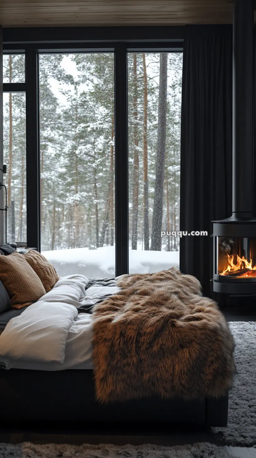 Cozy bedroom interior with a bed covered in fluffy blankets, a warm fireplace, and large windows showcasing a snowy forest view.