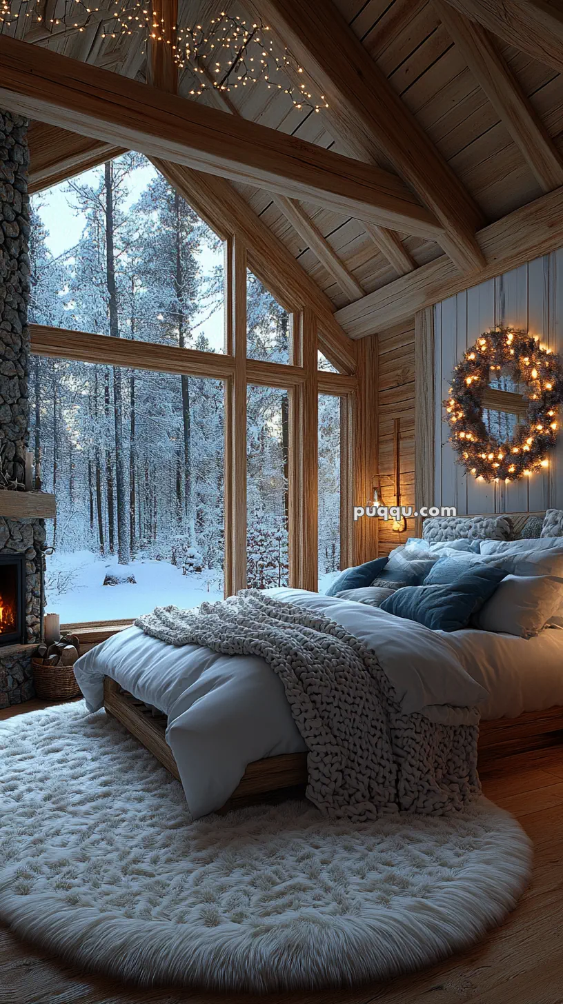 Cozy bedroom with a large window showing a snowy forest, a stone fireplace, and a bed with fluffy blankets and pillows.