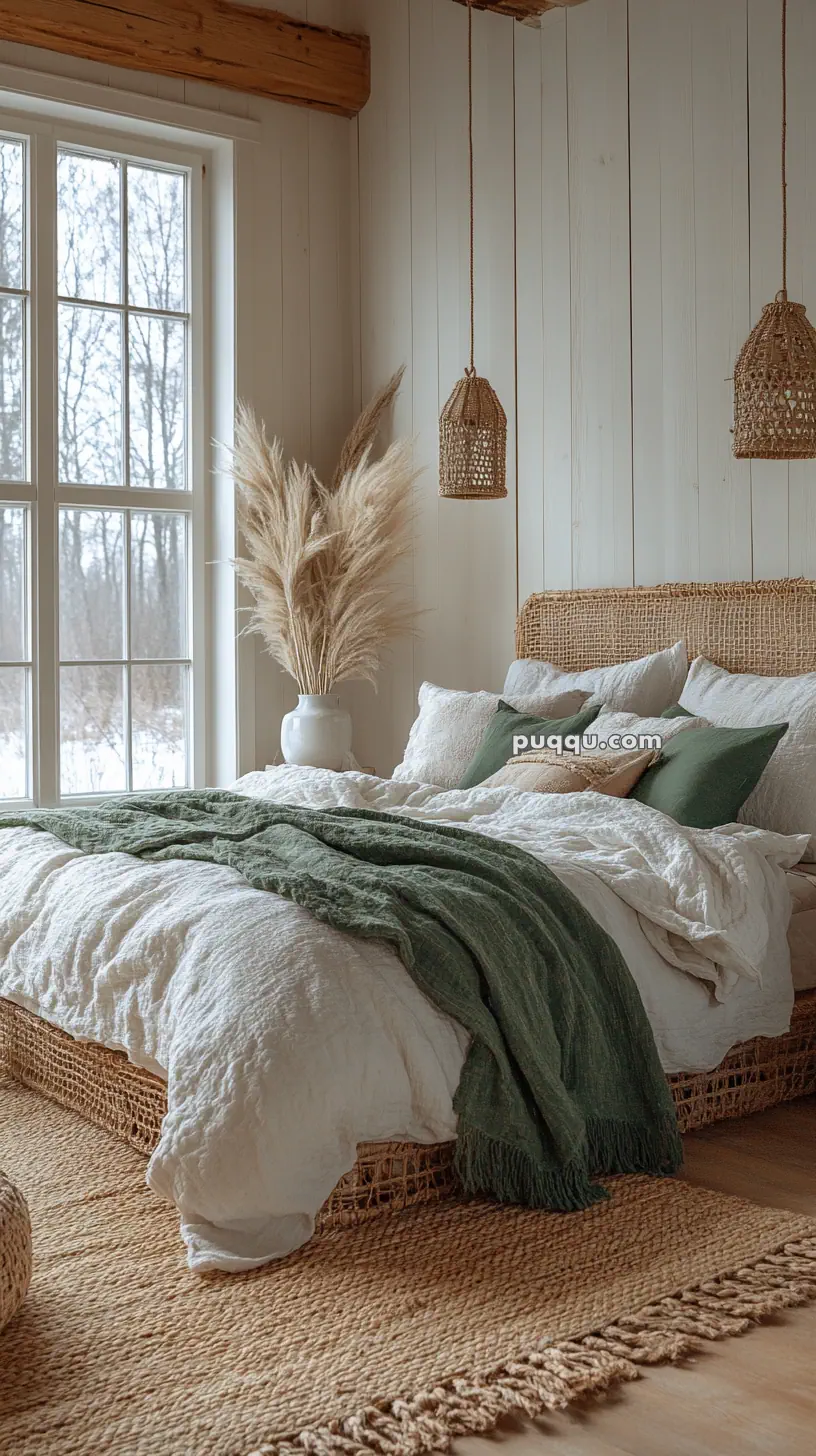 Cozy bedroom with a rattan bed, green throw blanket, pampas grass in a vase, wicker pendant lights, and a large window with a snowy view outside.