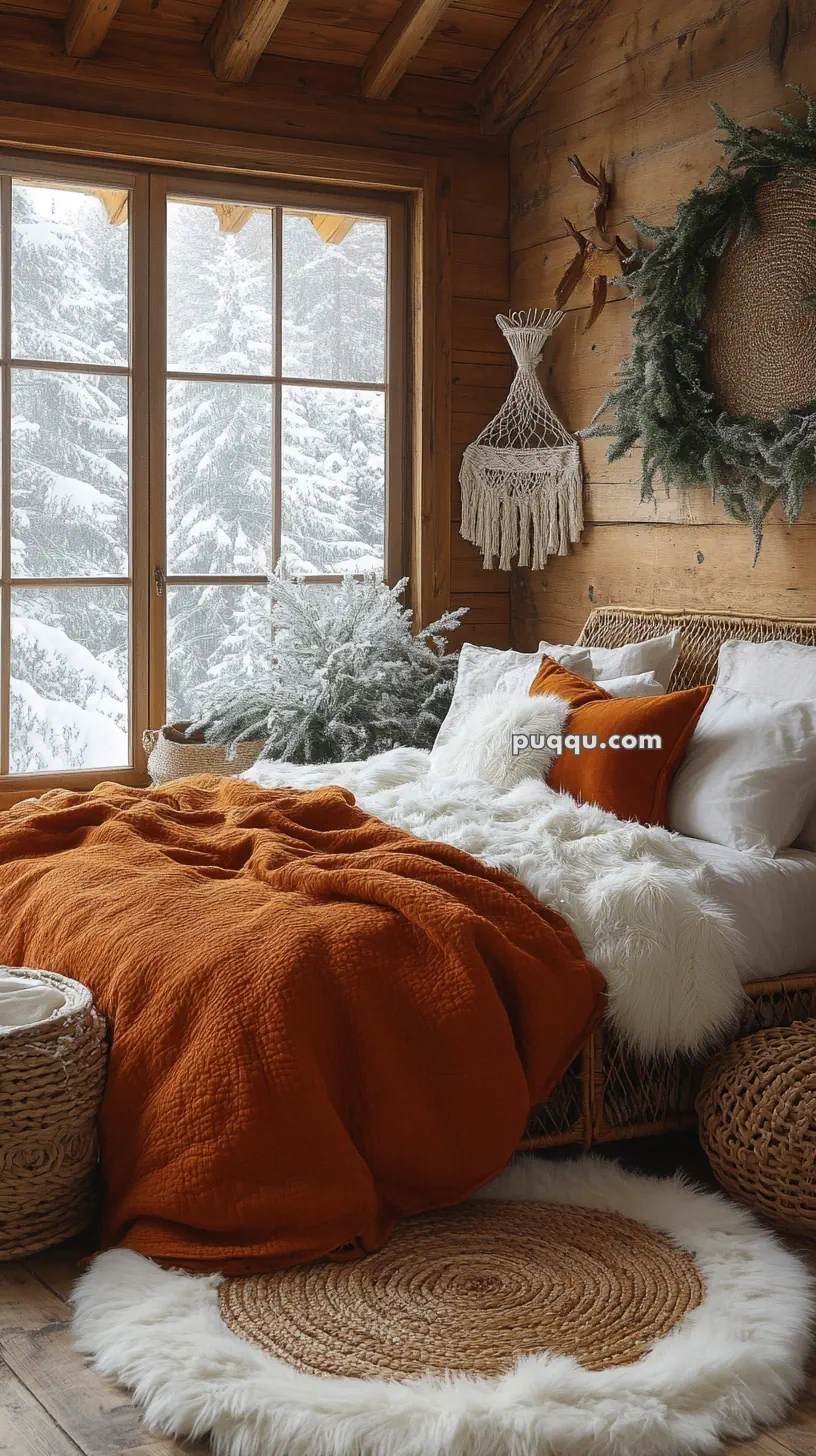 Cozy bedroom in a wooden cabin with an orange blanket, white pillows, a snowy window view, and rustic decorations.