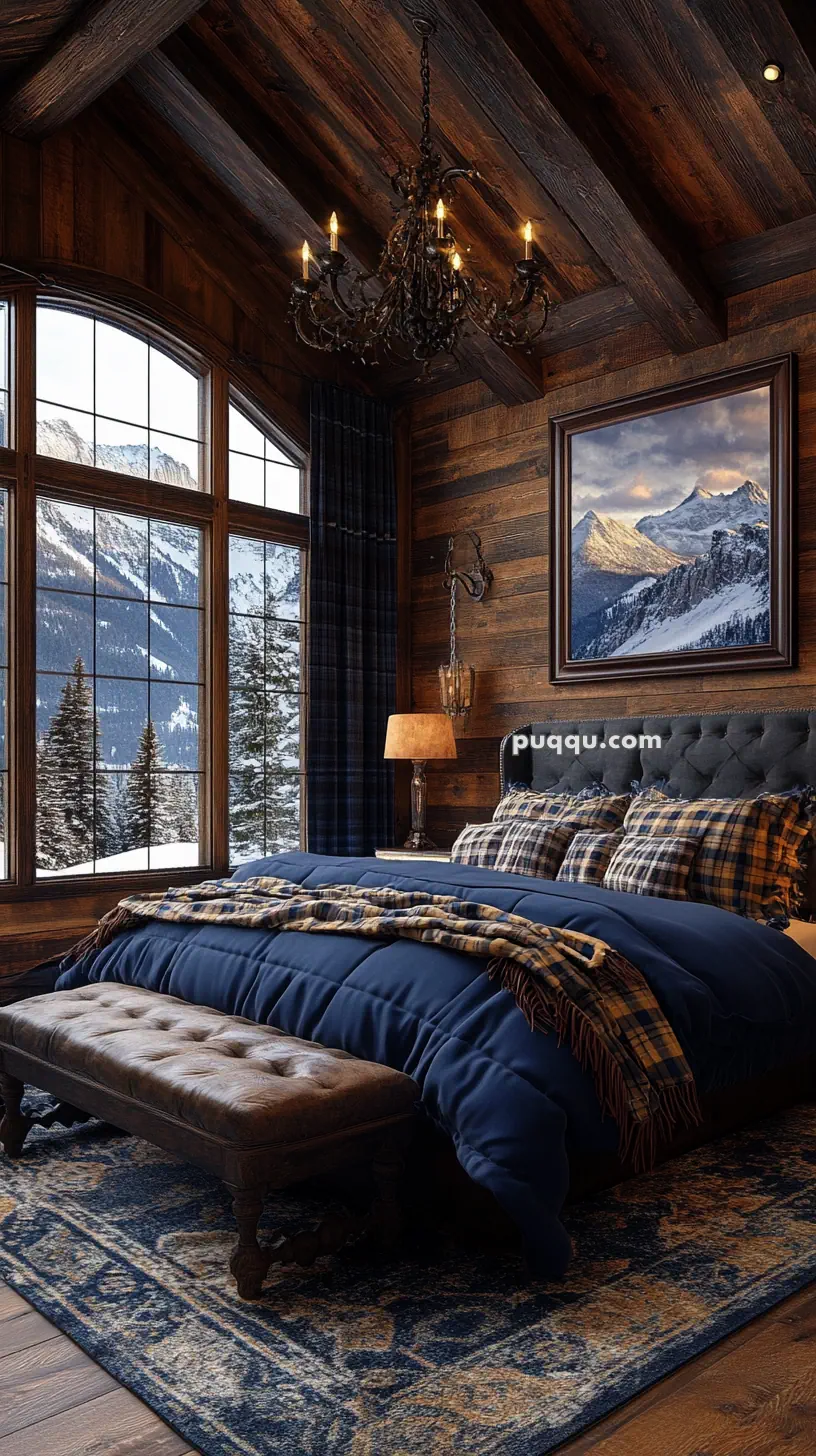 Cozy bedroom with rustic wooden walls, a large window showing snowy mountains, a chandelier, plaid bedding, and a painting of mountains on the wall.