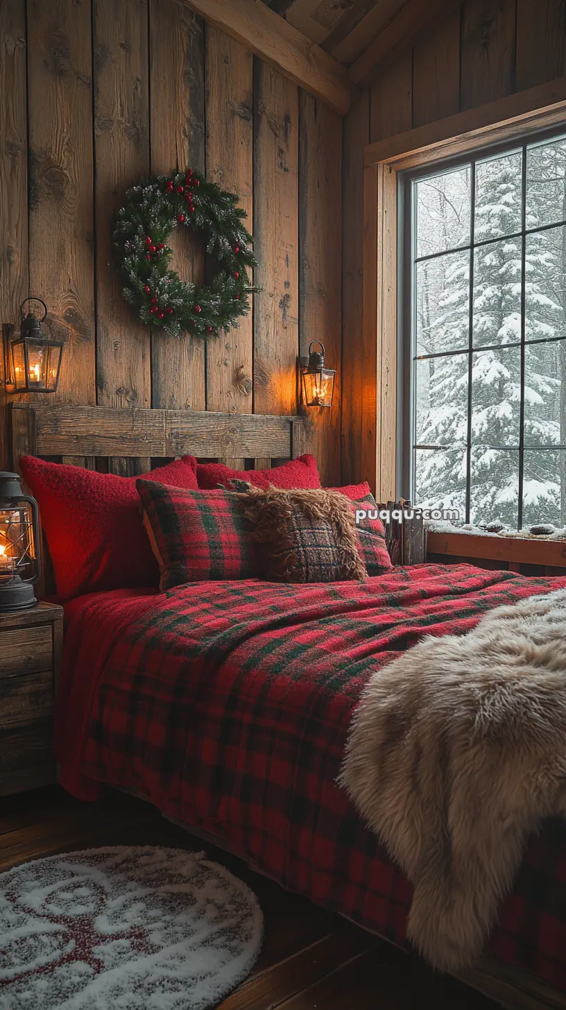 Cozy rustic bedroom with plaid bedding, a wooden headboard, lantern lights, a wreath on the wall, fur throw, and a snow-covered window view.