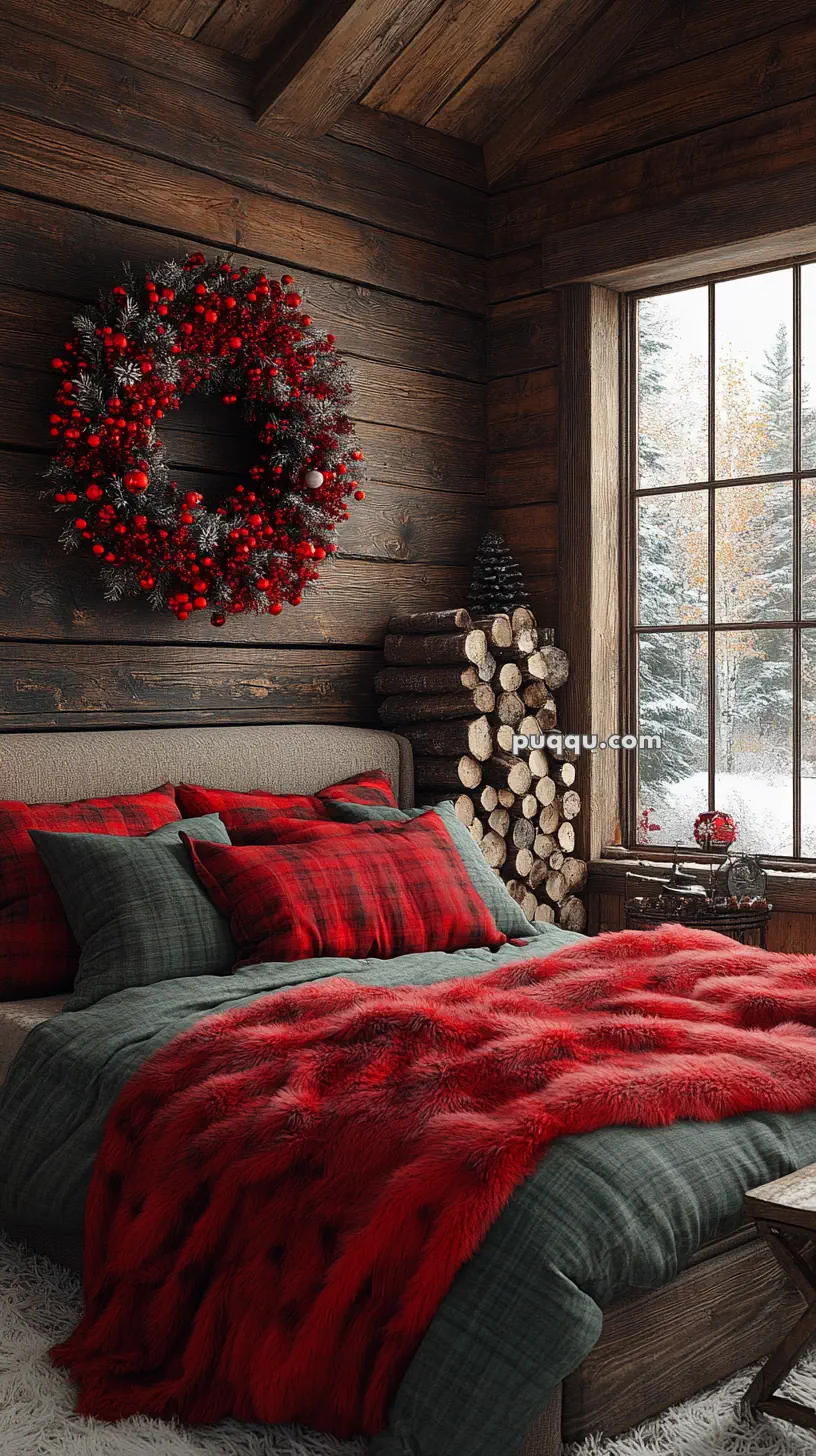 Cozy rustic bedroom with a red and green plaid bedding set, fur blanket, wooden walls, a window with a snowy view, and a festive red berry wreath.